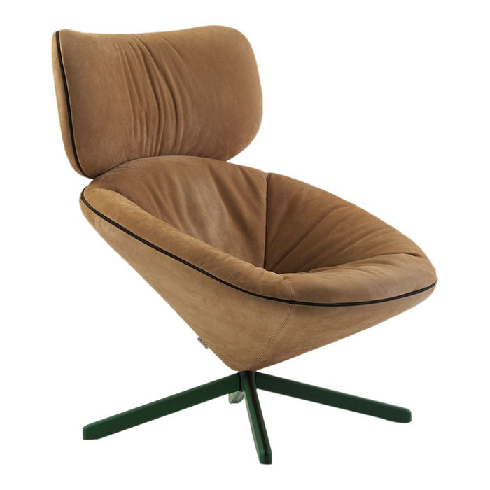 Modern swivel chair in soft brown upholstery with black piping and green metal base. Stylish and comfortable design.