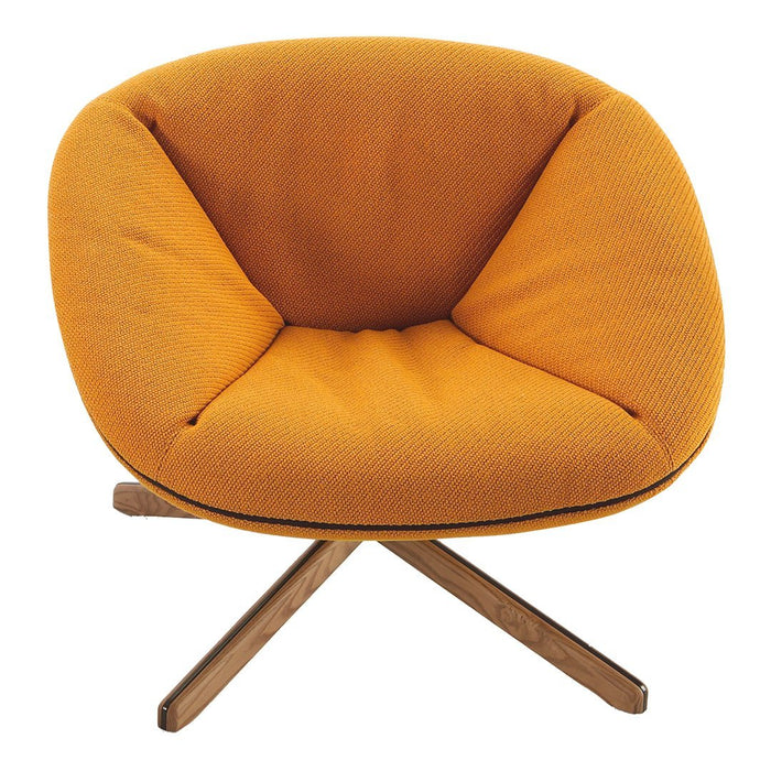 Cozy orange cushioned chair with a textured pattern and stylish wooden legs. Perfect for modern decor.
