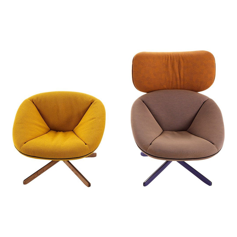 Two modern chairs featuring yellow and brown upholstery with a sleek, minimalist design. Perfect for stylish interiors.