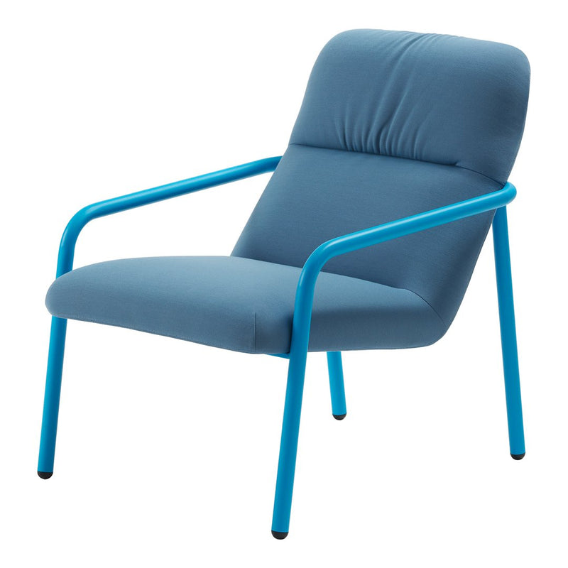 Light blue upholstered chair with vibrant blue metal frame, offering a modern and stylish design.