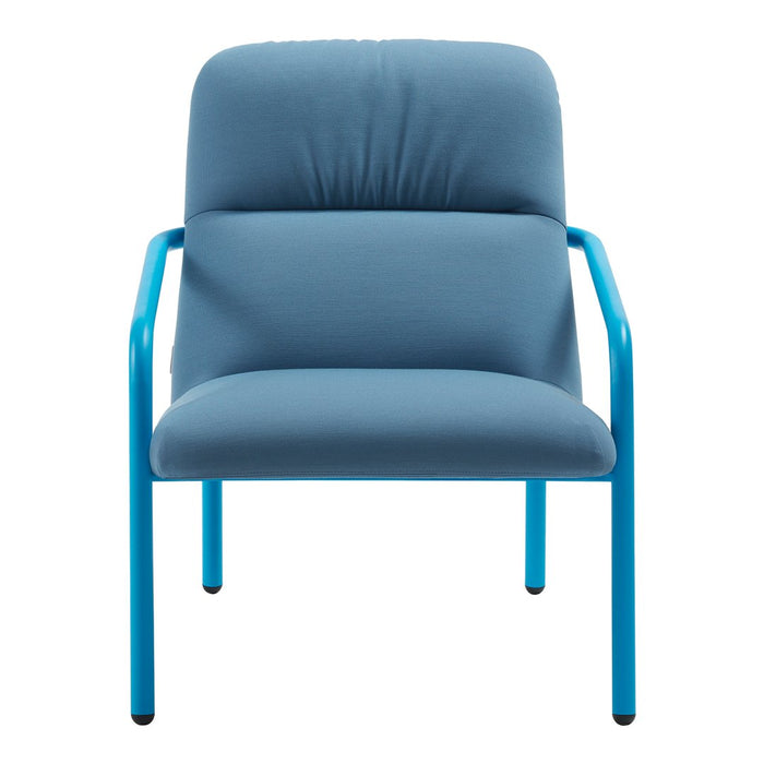 Blue upholstered chair with a sleek blue metal frame and a simple, modern design. Ideal for contemporary decor.