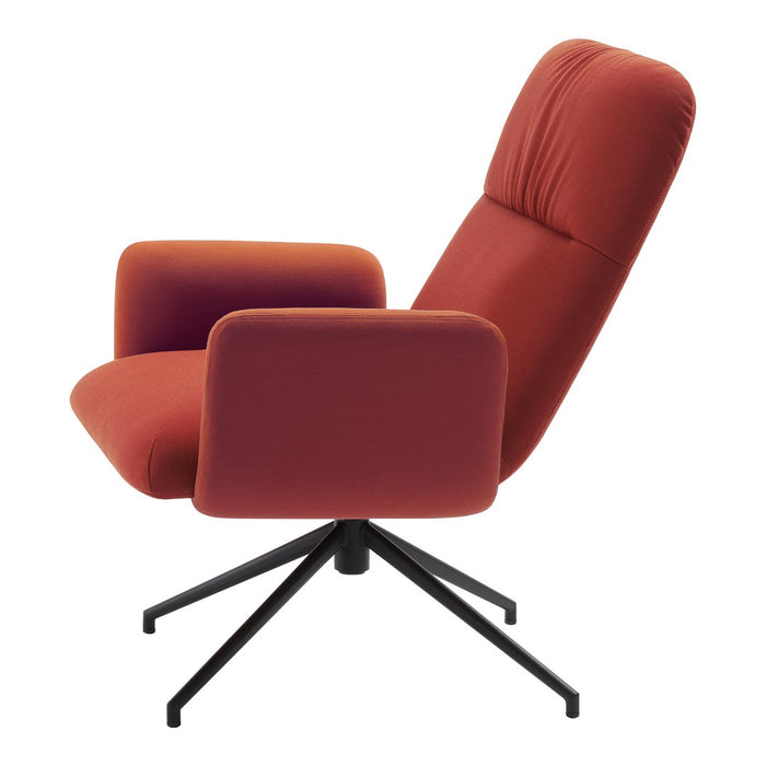 Orange upholstered chair with a sleek black metal base, featuring smooth, modern lines and a contemporary design.
