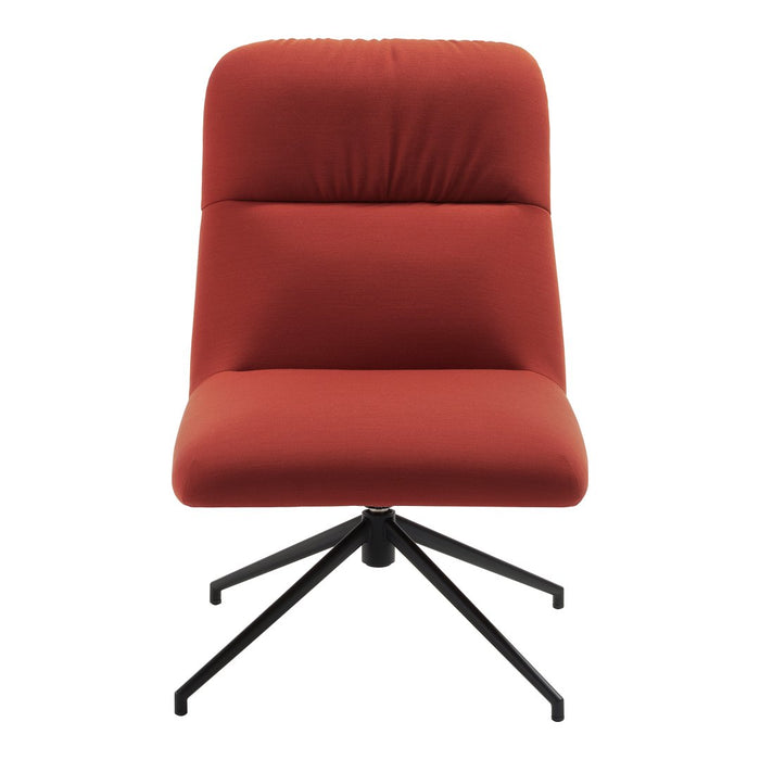 Red upholstered chair with a sleek design and subtle horizontal patterns, supported by a black metal base.