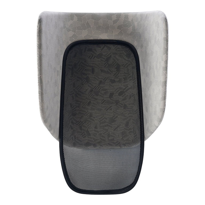 Gray and black patterned chair with a sleek mesh back, featuring a modern, minimalist design.