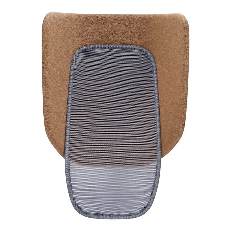 Tan ergonomic chair back with gray mesh support, featuring a smooth texture and simple design.