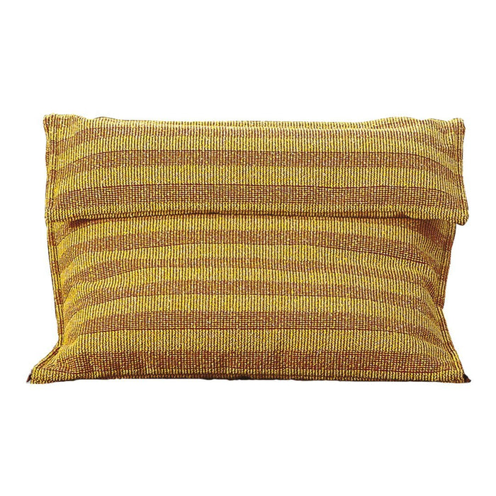 Yellow and orange striped pillow with a textured fabric design, perfect for adding warmth to any decor.