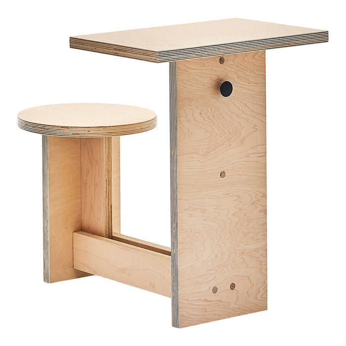 Light natural wood table set featuring smooth, minimalist design and layered plywood texture for modern decor.