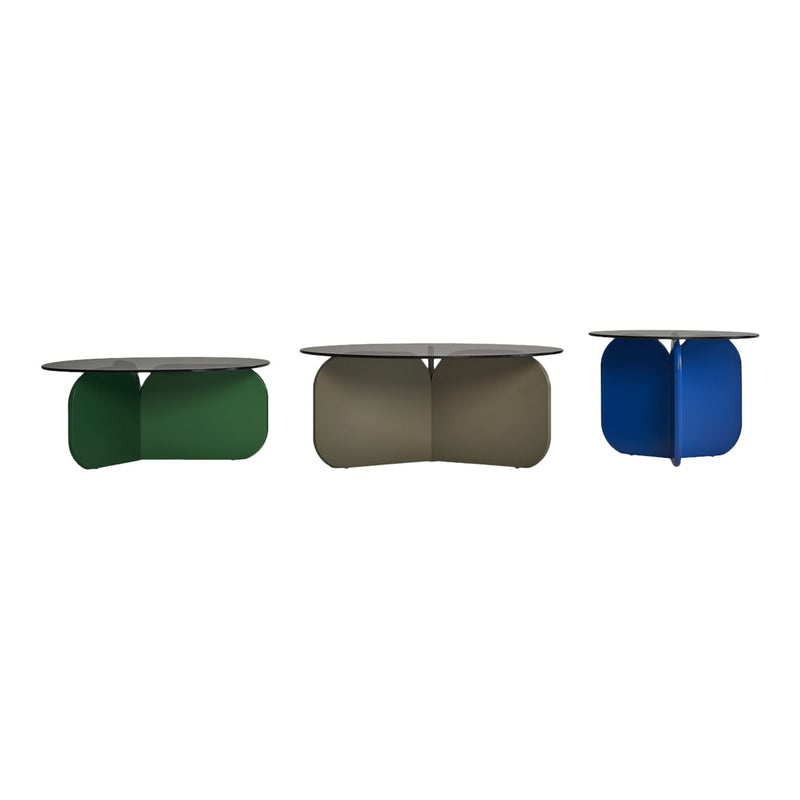 "Set of three modern tables in green, olive, and blue with sleek circular tops and creative base designs."
