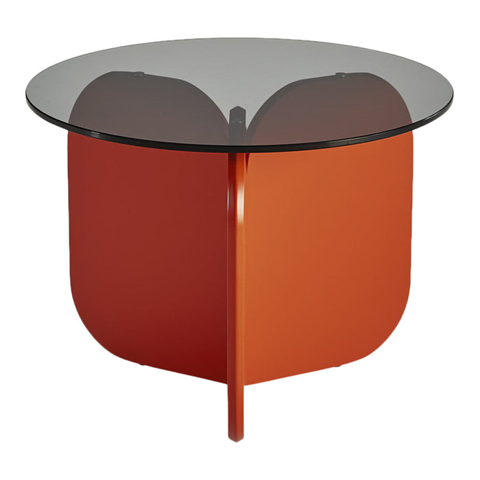 Orange geometric accent table with a sleek glass top, featuring a modern, minimalist design.