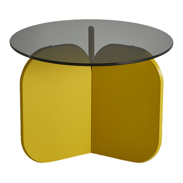Round glass top coffee table with a bold yellow base, featuring a sleek, modern design and smooth color contrast.