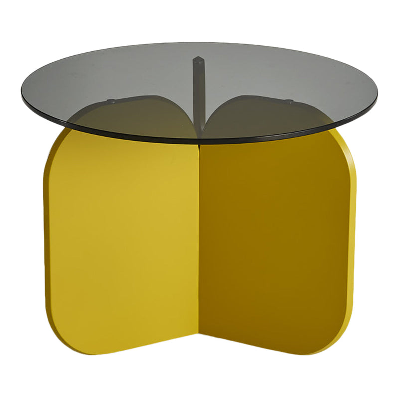 Round glass top coffee table with a bold yellow base, featuring a sleek, modern design and smooth color contrast.