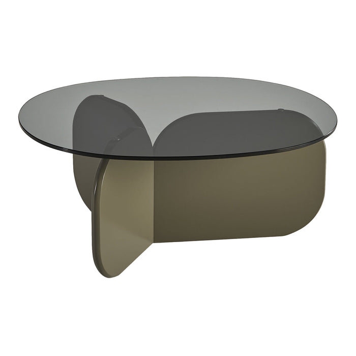 Modern round coffee table with a smoky glass top and unique beige curved base design. Ideal for contemporary decor.
