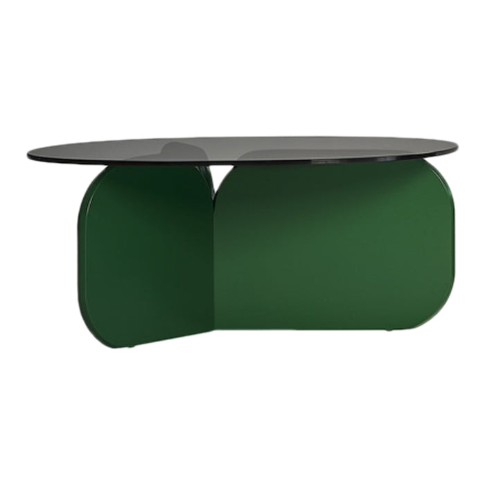 Modern oval table with a sleek black glass top and deep green geometric base, adding a contemporary touch to any space.