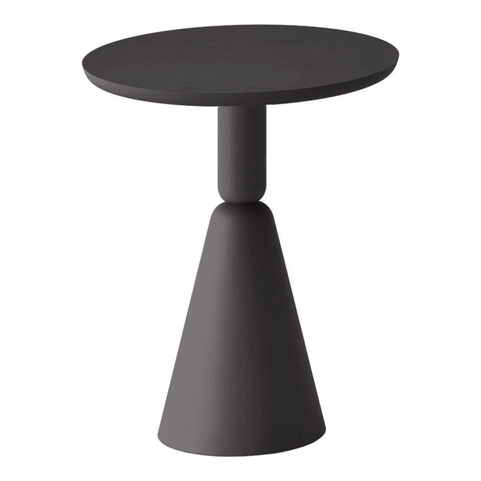 Black modern accent table with a sleek circular top and conical base, featuring a matte finish. Ideal for contemporary decor.