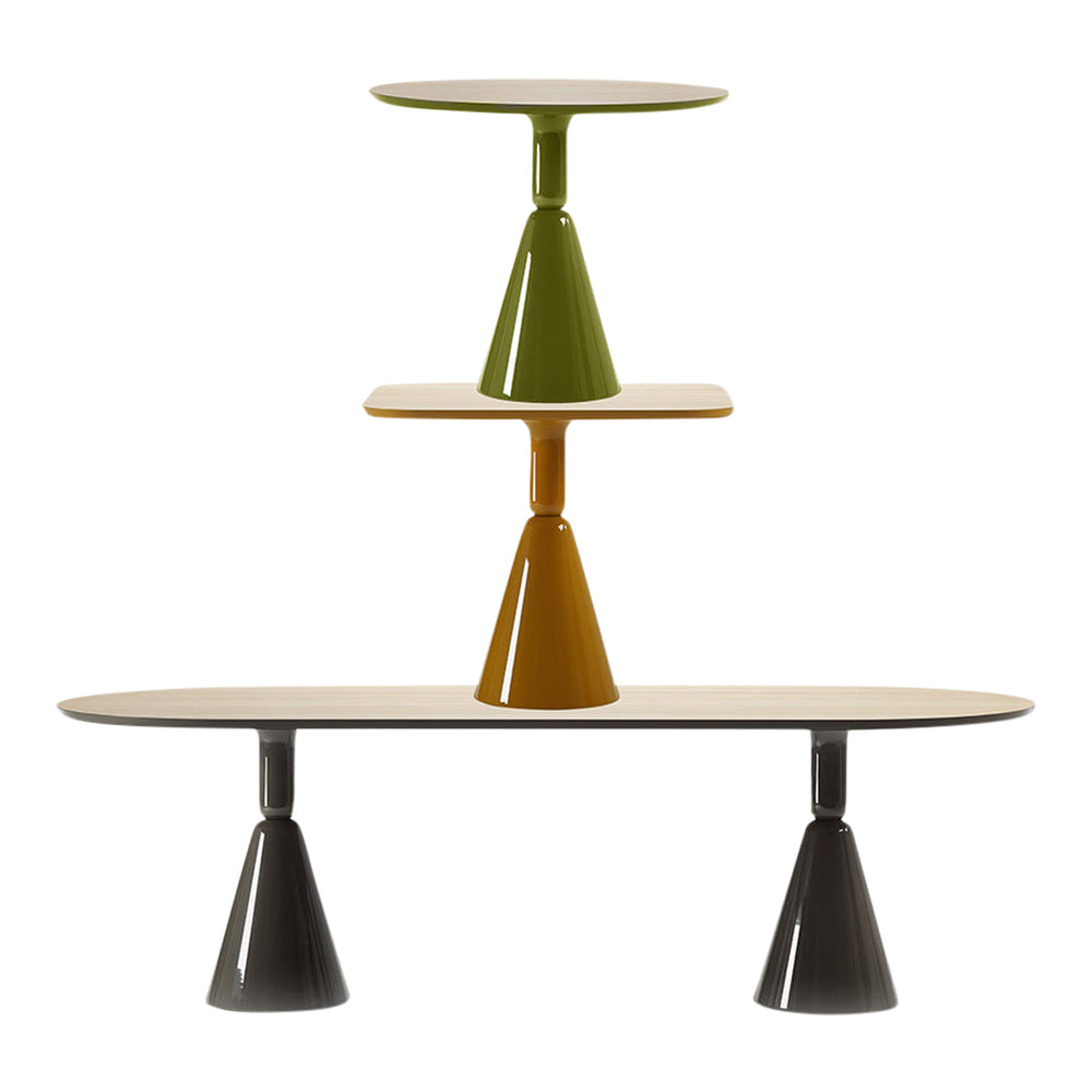 Colorful modern pedestal table with green, orange, and black tones featuring a unique tiered design.