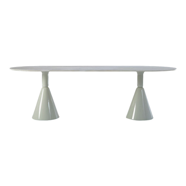 Light gray oval tabletop with tapered cone-shaped legs in a matching soft gray finish. Clean, minimalist design.