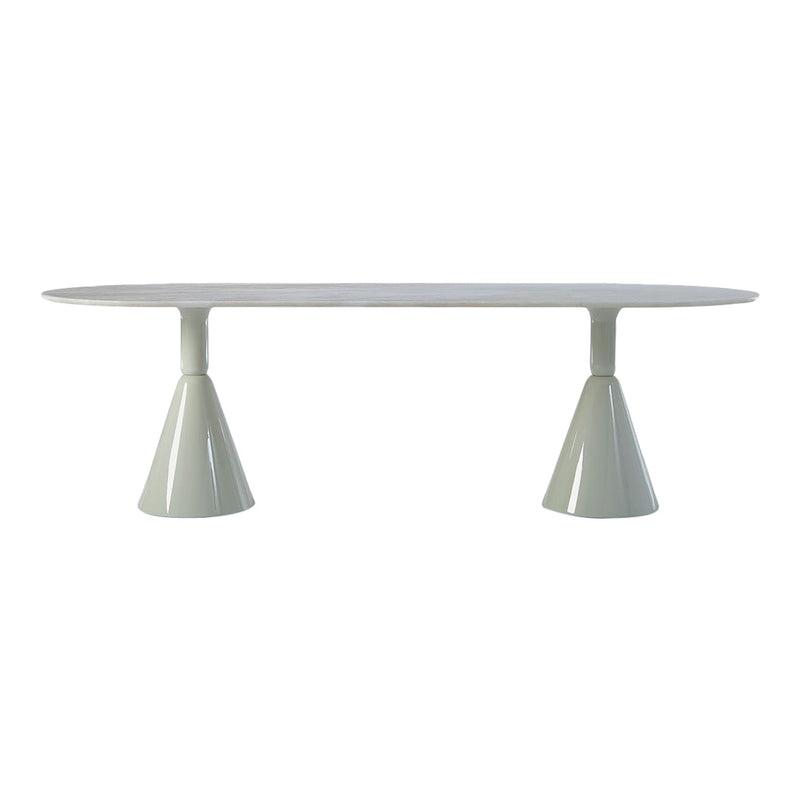 Light gray oval tabletop with tapered cone-shaped legs in a matching soft gray finish. Clean, minimalist design.