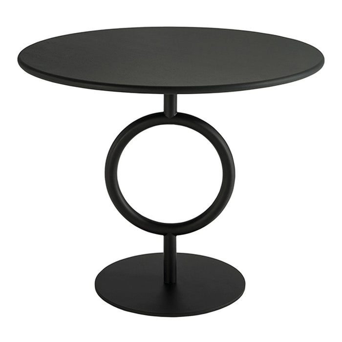 Black round table with a sleek matte finish and circular base design. Minimalist style for modern aesthetics.