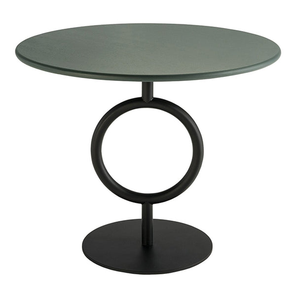 Green round tabletop with a sleek black circular base, featuring a modern minimalist design.