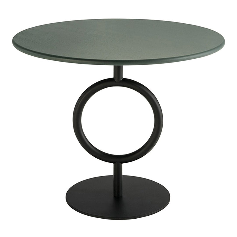 Green round tabletop with a sleek black circular base, featuring a modern minimalist design.