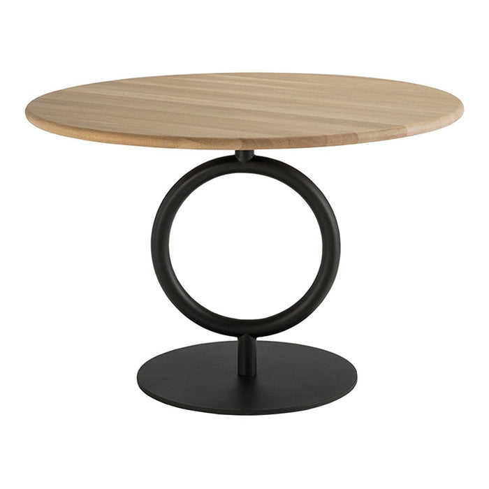 Round wooden table with a natural finish, featuring a sleek black metal base and circular design. Modern and stylish look.