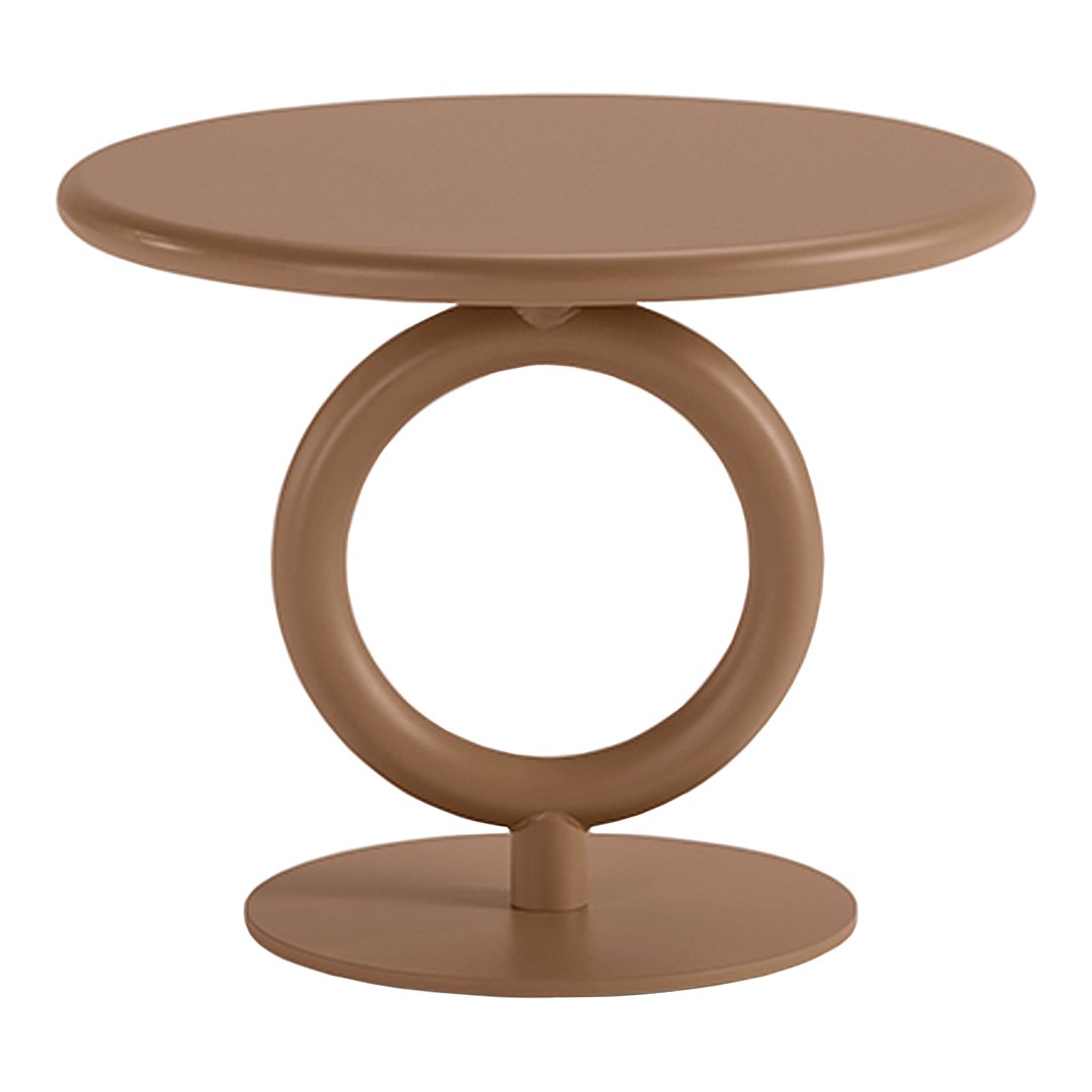 Brown circular side table with a smooth finish and round base, featuring a playful ring design in the center.