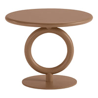 Brown circular side table with a smooth finish and round base, featuring a playful ring design in the center.