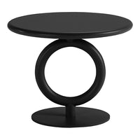 Black round side table with a circular base and a sleek, modern design. Ideal for contemporary decor.
