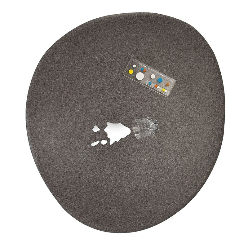 Gray oval table with a textured surface and colorful control panel accents. Ideal for modern decor.