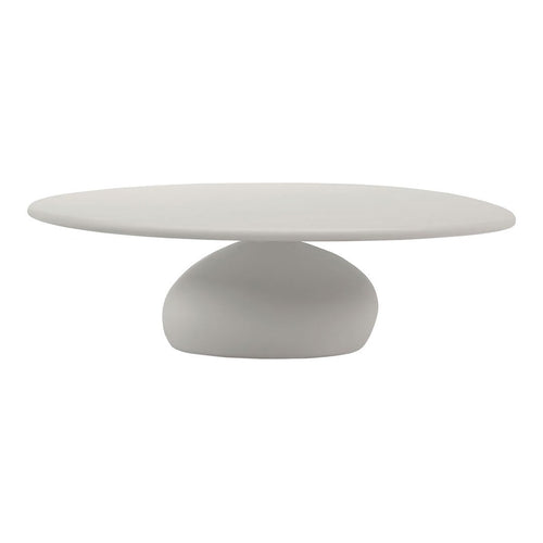 Gray minimalist pedestal table with a smooth, oval top and a rounded base, featuring a matte finish.