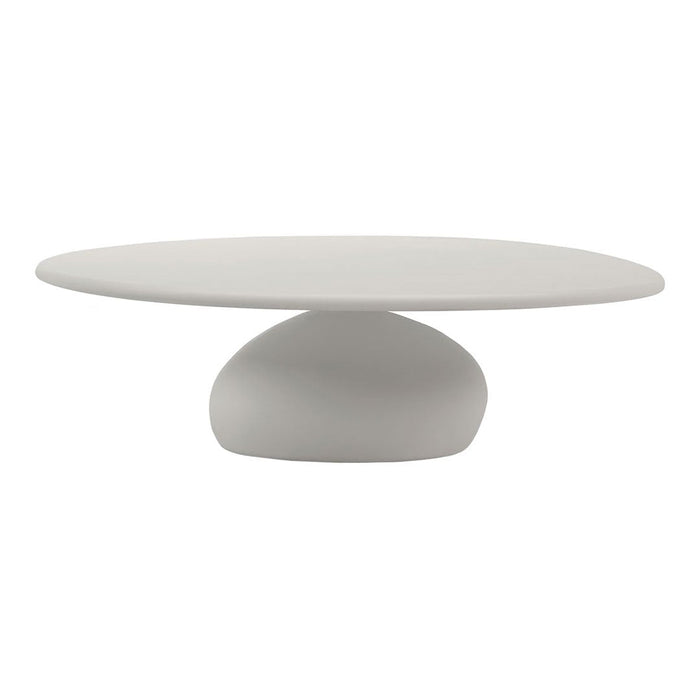 Gray minimalist pedestal table with a smooth, oval top and a rounded base, featuring a matte finish.