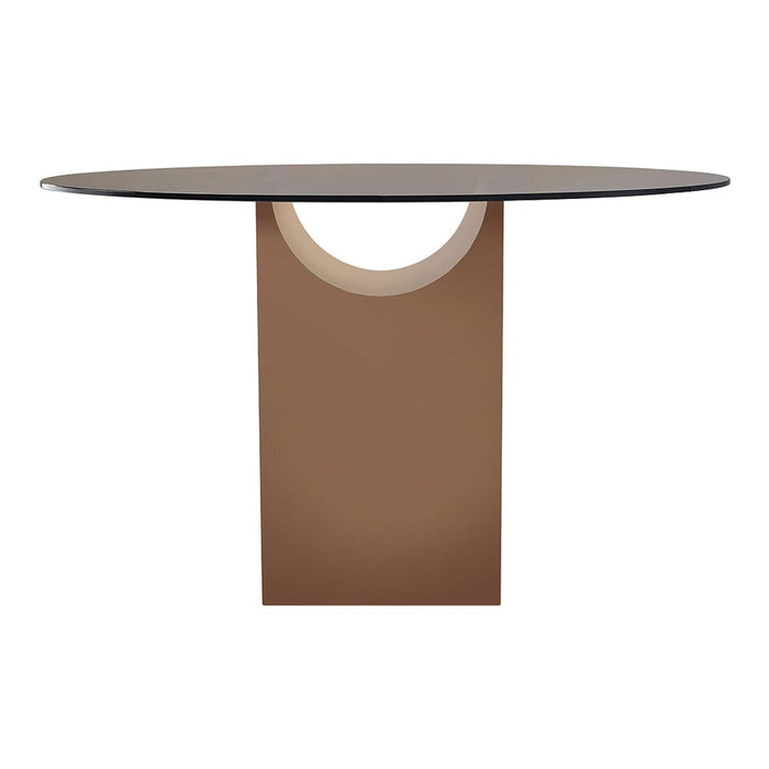 Round glass-top table with a sleek brown base and minimalist design, featuring a unique circular cutout pattern.