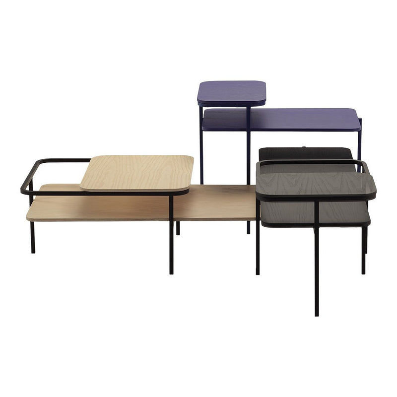 Colorful modern coffee tables in wooden beige, sleek black, and vibrant purple with minimalist geometric designs.