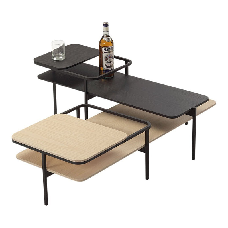 Modern coffee table featuring a sleek black and natural wood finish with geometric layered design elements.