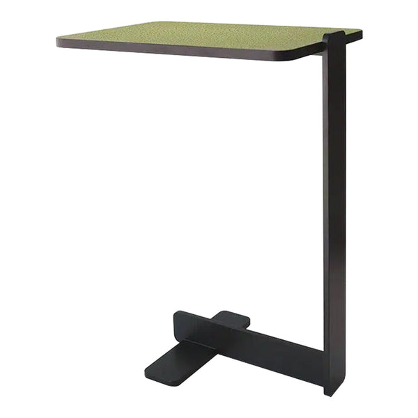 Green tabletop with a sleek black metal base; modern design and minimalist look.
