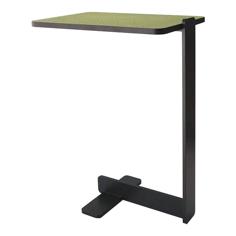 Green tabletop with a sleek black metal base; modern design and minimalist look.