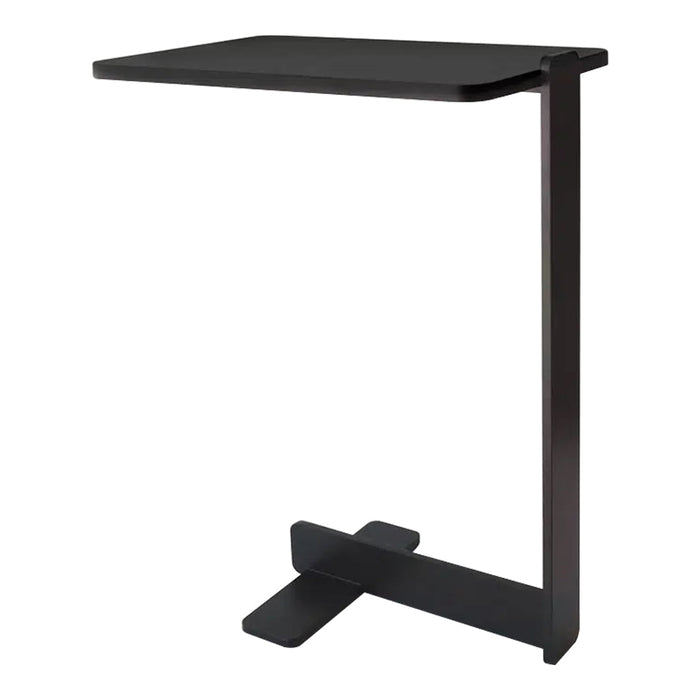 Sleek black side table with a minimalist design and smooth surface, featuring a bold geometric base.