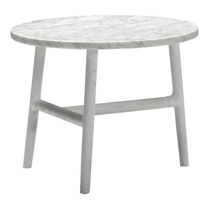 Round marble table with a light gray finish and subtle veining, complemented by natural wood legs. Modern, minimalist design.