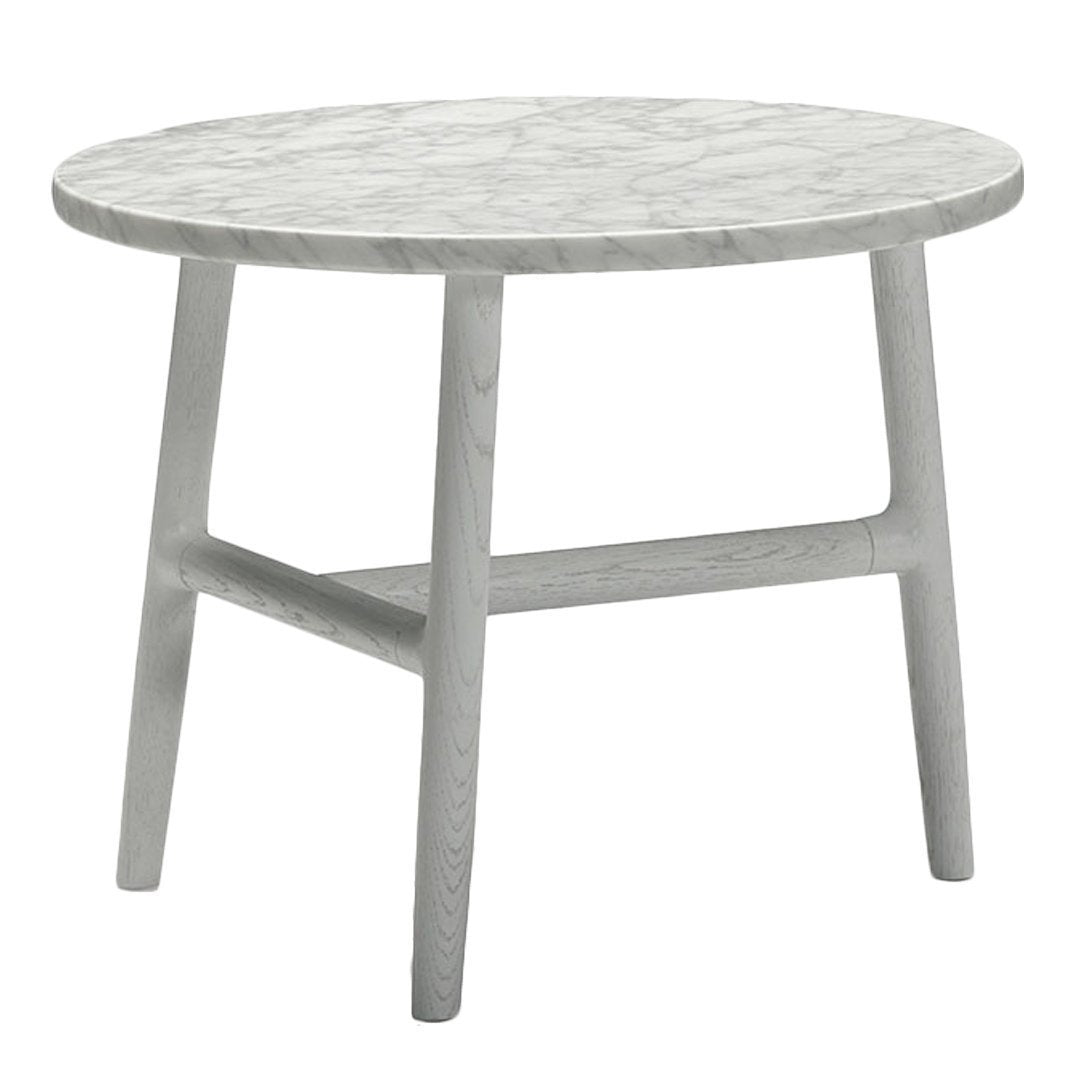 Round marble top side table with a sleek gray finish and a minimalist design, featuring clean lines and subtle patterns.