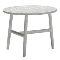 Round marble top side table with a sleek gray finish and a minimalist design, featuring clean lines and subtle patterns.
