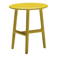 Bright yellow round stool with a simple design and natural wood legs, perfect for adding a pop of color to any space.