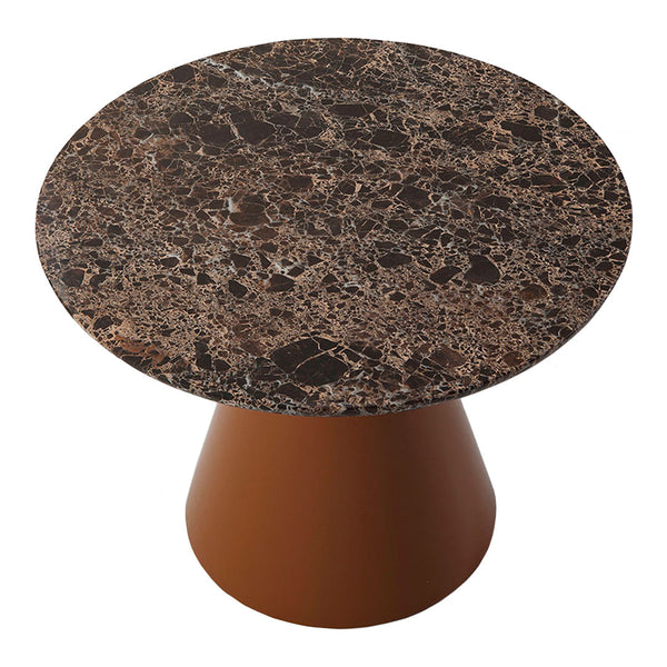 Round coffee table with a dark marble top featuring brown and gold veining, complemented by a warm brown base.