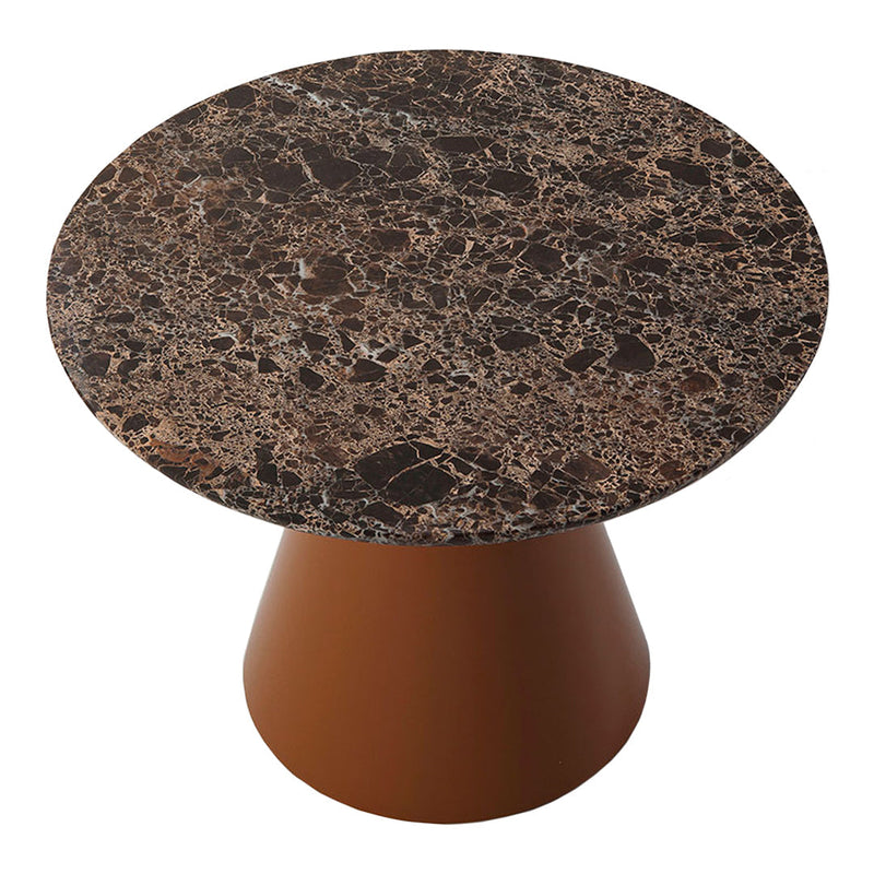 Round coffee table with a dark marble top featuring brown and gold veining, complemented by a warm brown base.