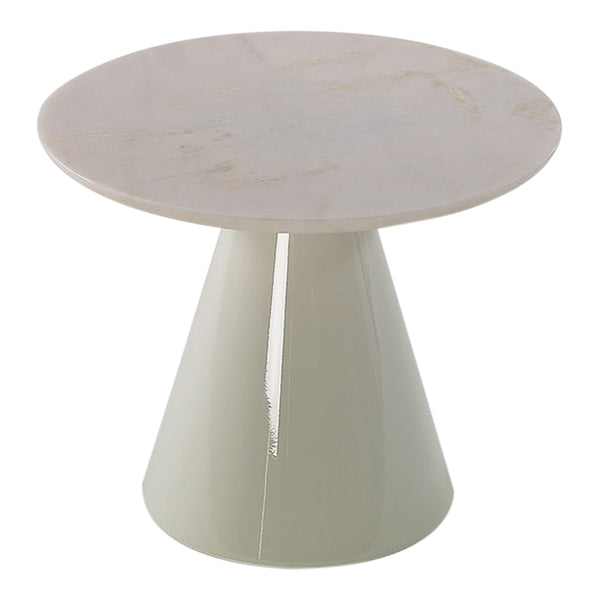 Round marble top with subtle veining, paired with a smooth, light green conical base. Stylish and modern accent table.