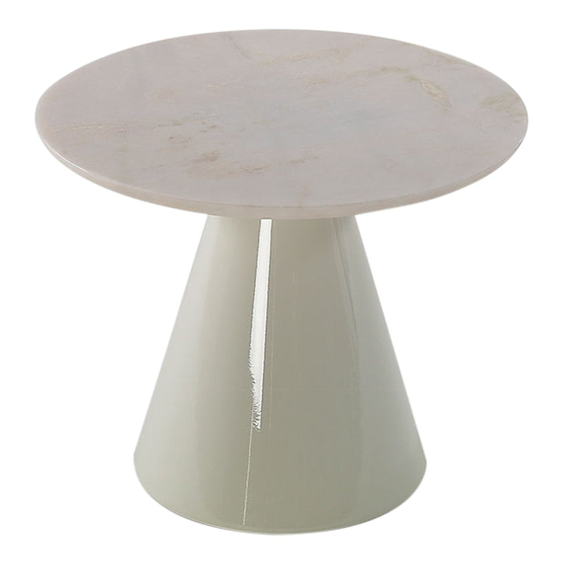 Round marble top with subtle veining, paired with a smooth, light green conical base. Stylish and modern accent table.