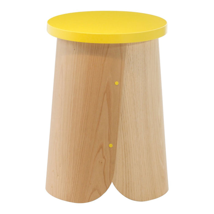 Yellow round top with natural wood base, featuring a modern design and playful shape. Ideal for contemporary decor.