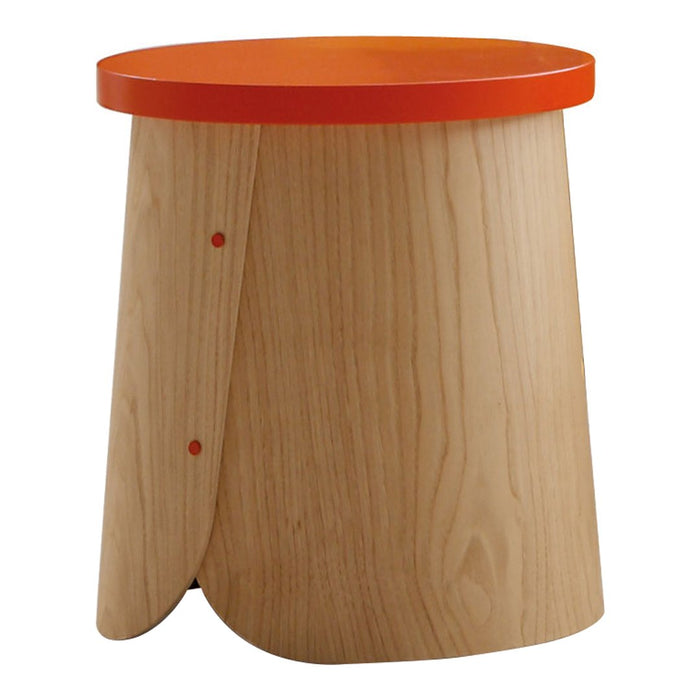 Natural wood stool with a vibrant orange top, featuring a simple, modern design and curved edges.