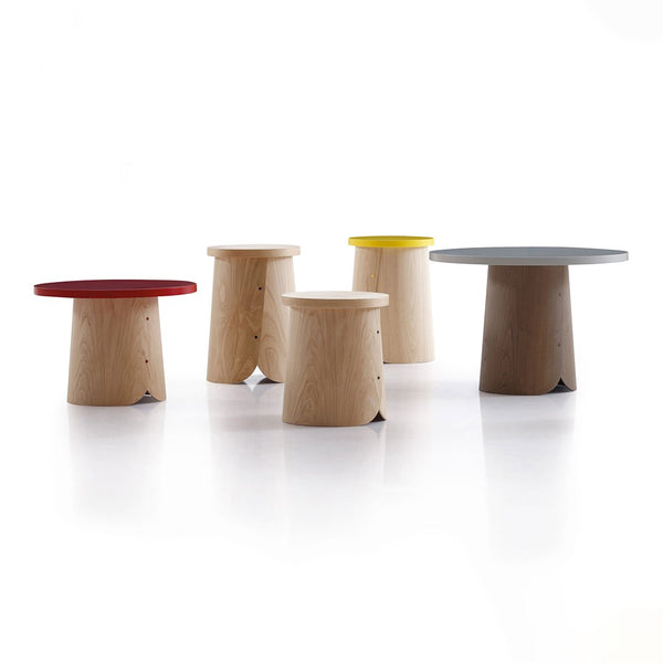 Multicolor stools with natural wood bases, featuring red, yellow, and gray tops, modern design, and smooth finishes.