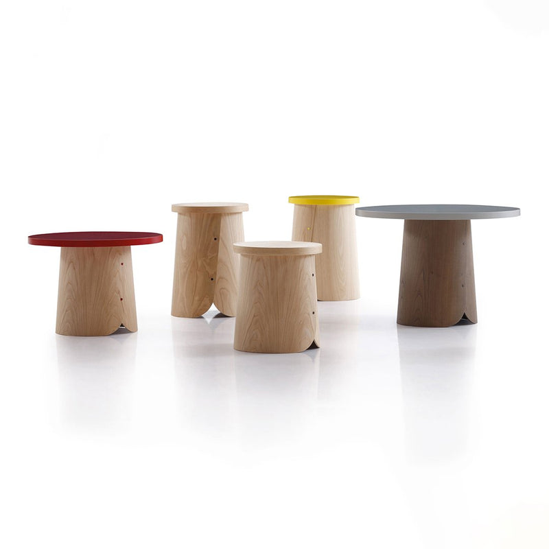 Multicolor stools with natural wood bases, featuring red, yellow, and gray tops, modern design, and smooth finishes.