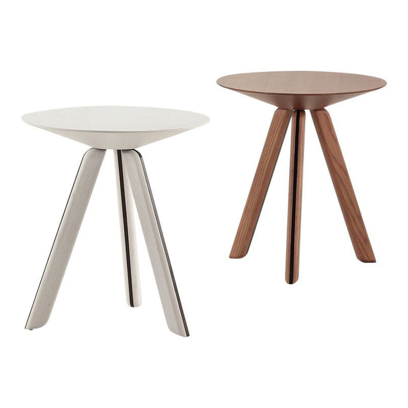 Two modern side tables: one in sleek white, the other in rich brown wood, featuring simple geometric designs.